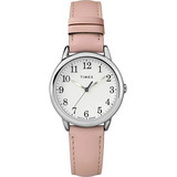 Reloj Dama Timex Correa De Piel Con Luz 30mm Tw2u297009j Correa Rosa Bisel Plateado Fondo Blanco