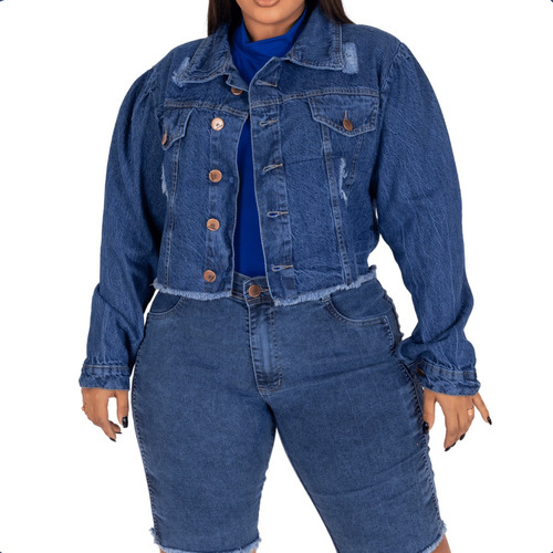 Jaqueta Jeans Plus Size Feminina Cropped Curta Sem Lycra