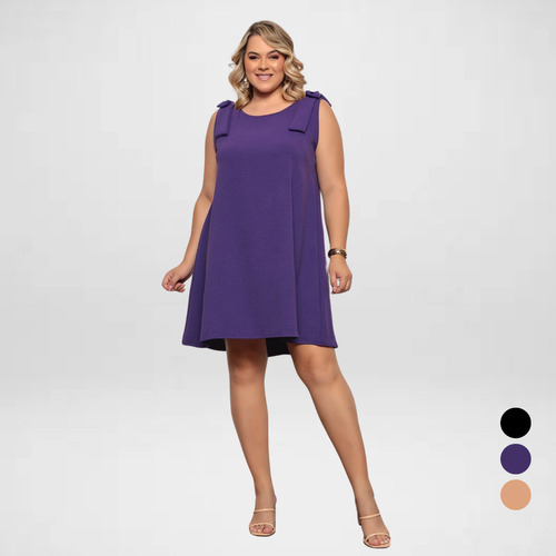 Vestido Plus Size  De Duna Soltinho Com Alça Larga E Laço