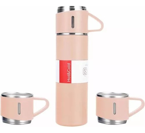 Kit Garrafa Térmica Vacuum Flask Set C/ 3 Xicaras 500ml Rosa