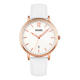 Reloj Mujer Skmei 1724 Cuero Ecologico Minimalista Elegante Color De La Malla Dorado Rosa/blanco