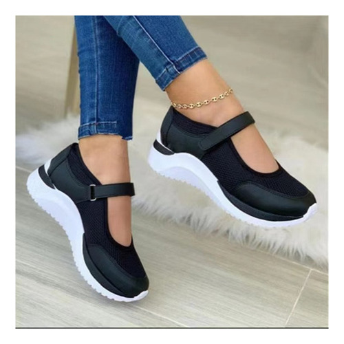 Zapatos Casuales Mujer Con Plataforma Velcro Y Punta Redonda