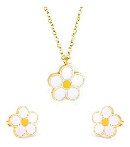 Collar Aretes Flor Margarita Oro Laminado Cofre Y Plata 