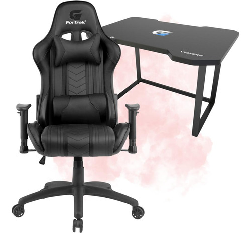 Kit Cadeira Giratória Ergonômica Couro Pu Gamer Preta + Mesa