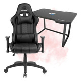 Kit Cadeira Giratória Ergonômica Couro Pu Gamer Preta + Mesa