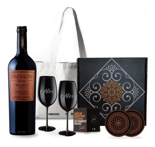 Box Set Vino Privado Malbec 2 Copas Negras Grabadas Estuche