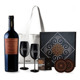 Box Set Vino Privado Malbec 2 Copas Negras Grabadas Estuche