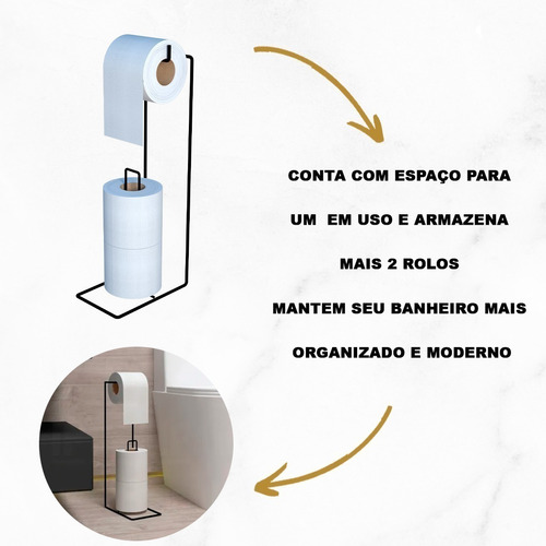 Suporte Porta Papel Higiênico De Chão 3 Rolos Preto Branco