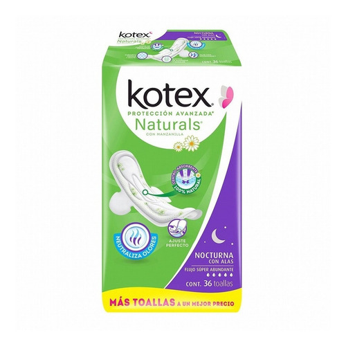 Kotex Naturals Toallas Femeninas Nocturnas Con Alas Pack 36