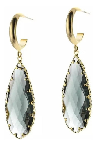 Finos Aretes Largos Gota Swarovski Azul Humo Oro Lam 14k