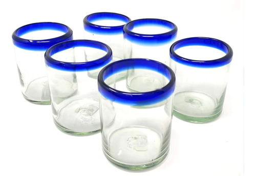 Juego De 6 Vasos De Vidrio Soplado Medida 8x10cm Borde Azul