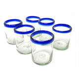 Juego De 6 Vasos De Vidrio Soplado Medida 8x10cm Borde Azul