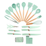 Kit 19 Utensílios De Cozinha Cabo Madeira E Silicone Branco Cor Verde