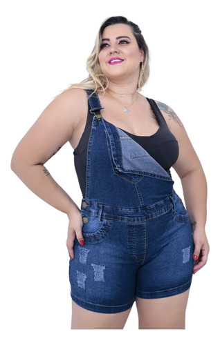 Macaquinho Jeans  Plus Size 46 48 50 52 54 - Jardineira Plus