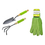 Herramientas De Jardineria Rastrillo, Pala Y Guantes Verdes