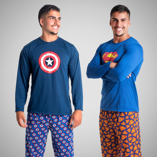 Kit 2 Pijama Comprido Heróis Linha Noite Confortável Adulto