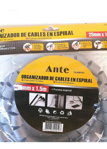 Organizador De Cable Espiral Gris 25mmx1,5mt.