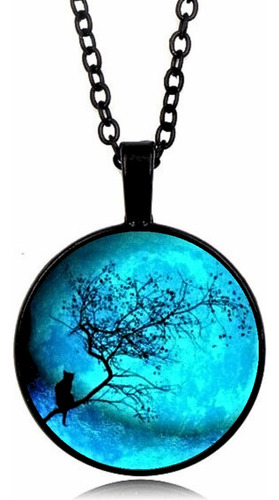 Collar Cadena Dije De Cristal Luna Azul Gato Redondo Mujer