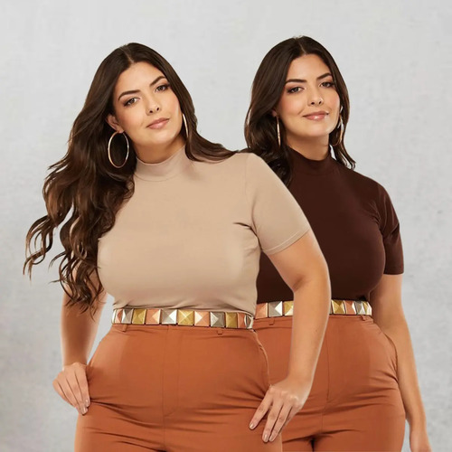 Kit 2 Blusa Feminina Cacharrel Plus Size 3\u002F4 Gola Alta | Frete grátis