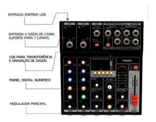 Mesa De Som Profissional Mixer Efeitos 5 Canais Usb Pendrive