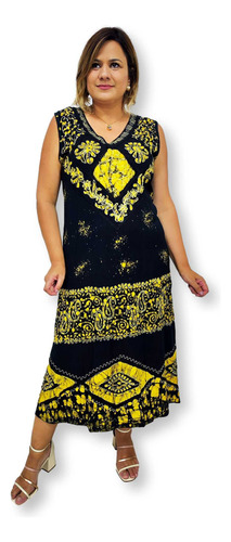 Vestido Longo  Regata Indiano Batik Bordado Decote V 1007