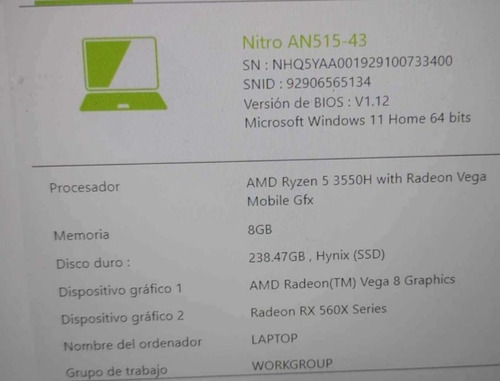 Laptop Acer Nitro 5 I5-43 8gb Ram 256 Gb Gtx 1650 Windows 11