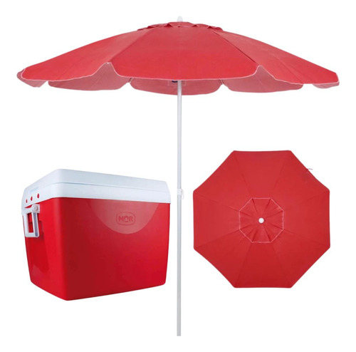 Kit Vermelho Pesca Cooler 75 L Alça + Guarda Sol 1,60 M