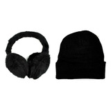 Combo Orejera Negra Regulable Y Gorro Rocky Negro