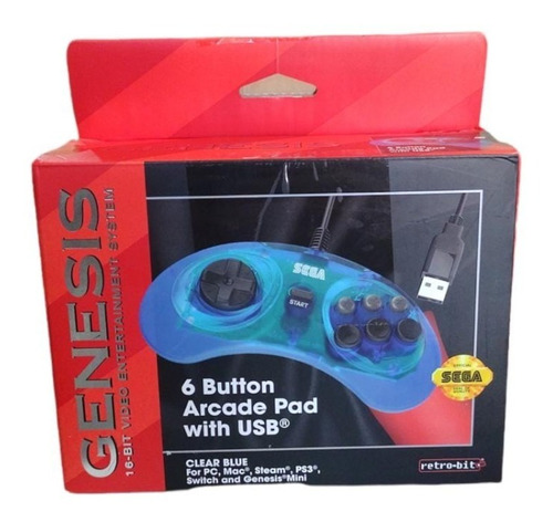 Control Retro-bit Oficial Sega Genesis Usb 6 Botones Azul 