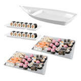 Kit Barca 40 Cm + 2 Pratos Reto Sushi + 2 Travessa 24x16cm