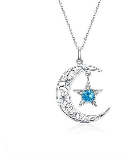 Collar Para Mujer Luna Y Estrella Azul  En Plata 925 