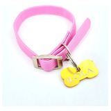 Mini Chapita Perro Gato Hueso Dorado+ Collar Elastizado Rosa