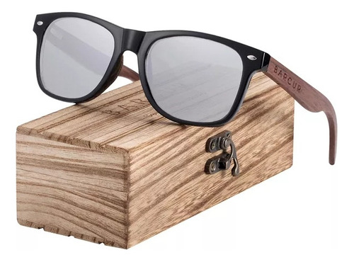 Gafas De Sol Barcur Con Varillas De Madera De Nogal Lente Cromo Armazón Negro Diseño Retro