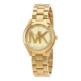 Reloj De Pulsera Michael Kors Runway Mk3477 De Cuerpo Color Oro, Analógico, Para Mujer, Fondo Beige, Con Correa De Acero Inoxidable Color Oro, Agujas Color Oro, Bisel Color Oro Y Desplegable