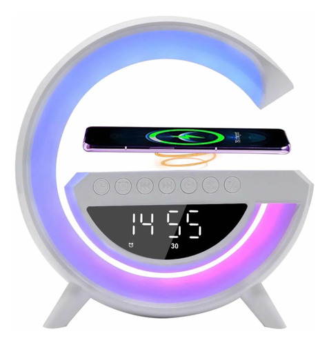 Parlante Lámpara G Cargador Inalámbrico Rgb Reloj Bt