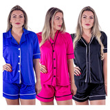  Pijama Americano Kit 3 Conjunto Feminino Botões Malha Fria