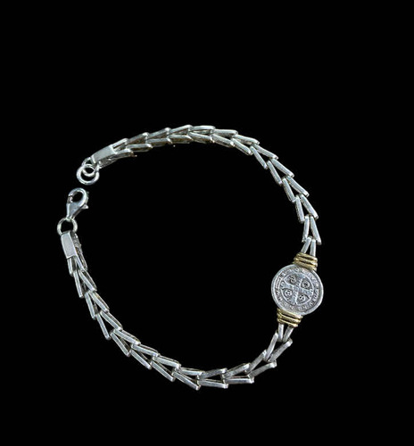 Pulsera De Plata 925 Y Oro Con Circulo San Benito