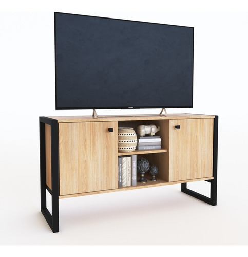 Mueble Bajo Tv Rack Industrial Hierro C/ Melamina Texturada Color Roble Nebraska Natural Con Hierro Negro