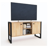 Mueble Bajo Tv Rack Industrial Hierro C/ Melamina Texturada Color Roble Nebraska Natural Con Hierro Negro