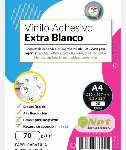 Vinilo Adhesivo Extra Blanco Imprimible A4 Pack 20hojas