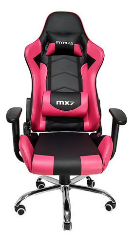 Cadeira De Escritório Mymax Mx7 Gamer Ergonômica  Preto E Rosa Com Estofado De Couro
