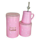 Set De Mate Yerbera Azucarera Mate Con Bombilla Rosa Energia