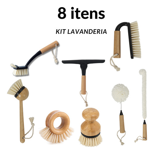 Kit 8 Peças Lavanderia Escovas E Rodo Preto De Bambu Oikos