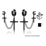 Aretes Hombre Piercing Doble Cruz Negros Pendientes Colgante