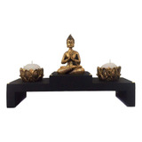 Kit Altar Castiçal Vela Buda Meditando Dourado Zen 17cm