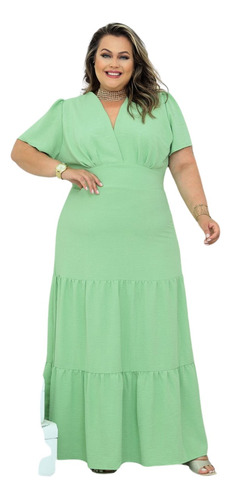 Vestido Longo Plus Size Manga Bufante Linha Gold