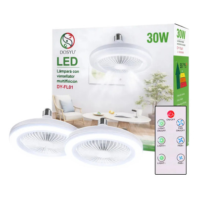 2 Piezas Pack Foco Led Con Ventilador De Techo Abánico Con Luz Led 1 Tono Ajustable 3 Velocidades Con Control Marca Dosyu 30 Watts Blanco Frío | Envío gratis