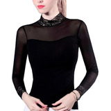 Blusa Cuello Alto De Encaje Transparencia Sexy Casual Gotica