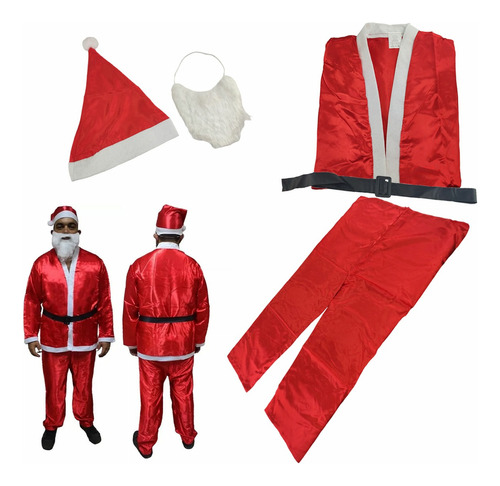 Fantasia Roupa Papai Noel Cetim Poliester Completa 5pçs