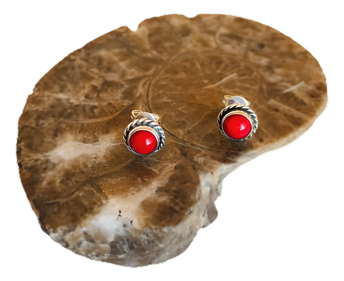 Aretes De Bisel Con Coral Rojo Natural | Plata/silver .925